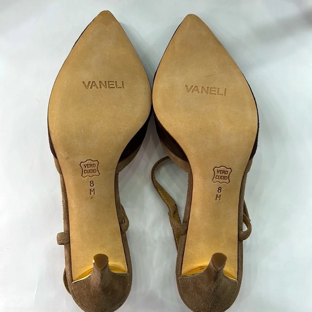Van Eli Brown and Tan T-Strap Color-Block Suede High Heels, Size 8